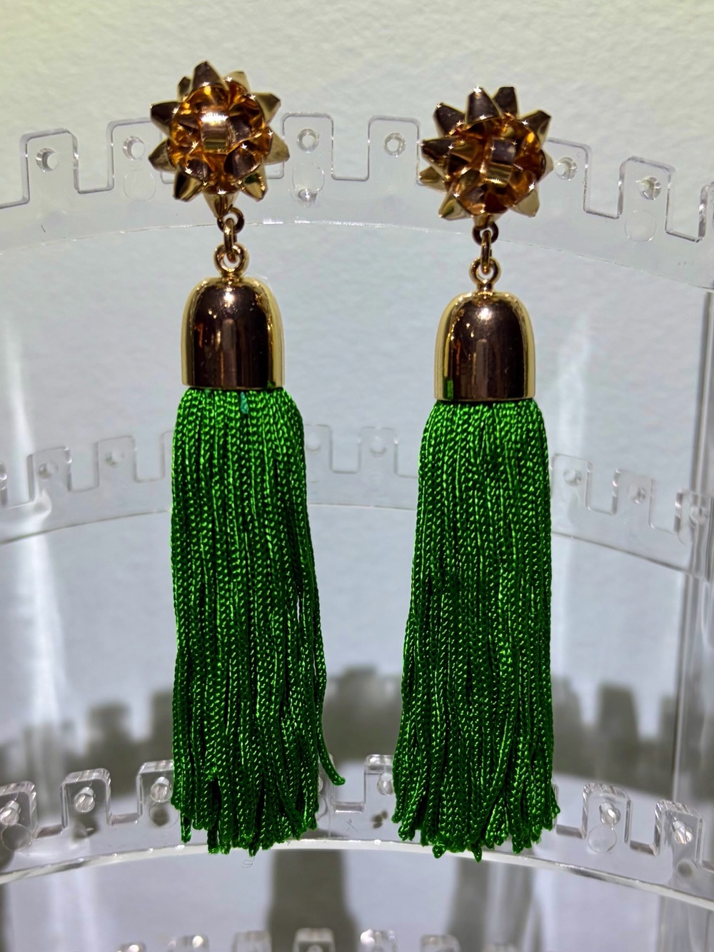 NWOT Long Gold Bow Detail Accent Green Fringe Tassel Drop Pierced Earrings